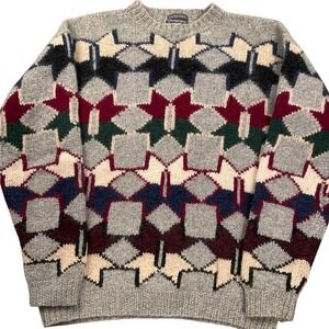Kensington Sweater Mens XLarge Gray Red Hand Knit Wool Shetland Geometric‎ Star